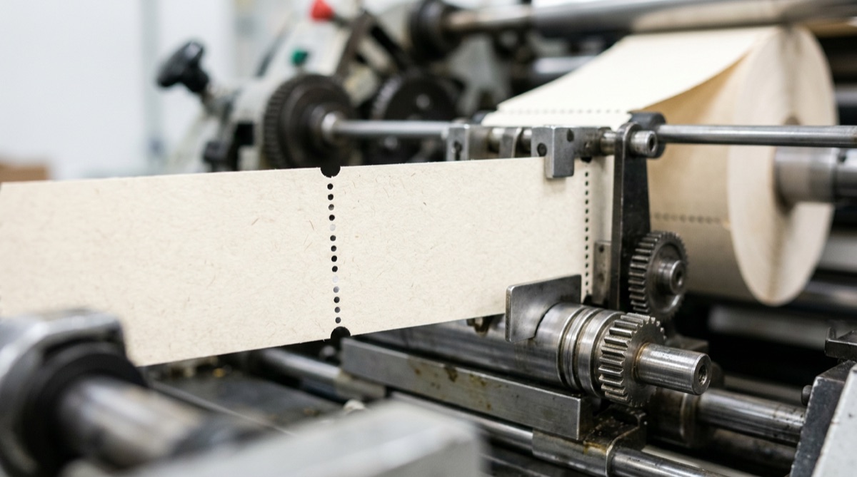 Frisch gedruckte Ticketbahn mit Perforationskante in der Druckmaschine