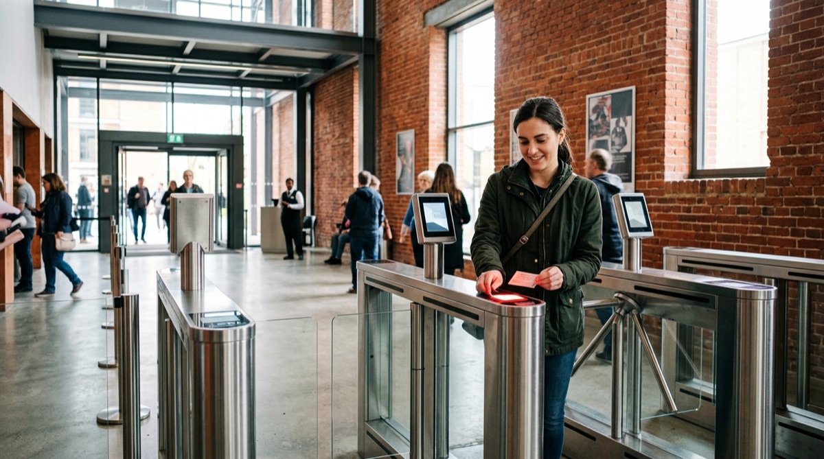 Besucher scannt Ticket am modernen Drehkreuzeinlass