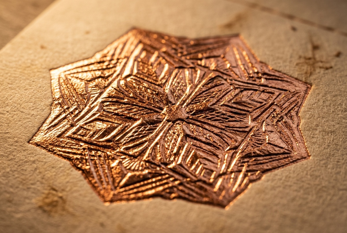 Glänzende Metallfolienprägung auf einer Eintrittskarte in Nahaufnahme